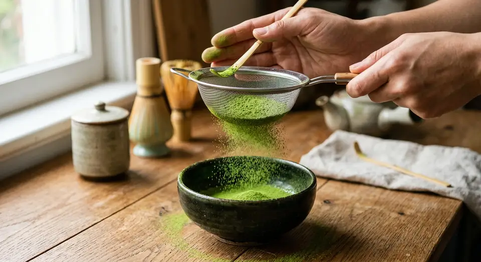 Sifting fine green matcha powder through a metal strainer into a bowl