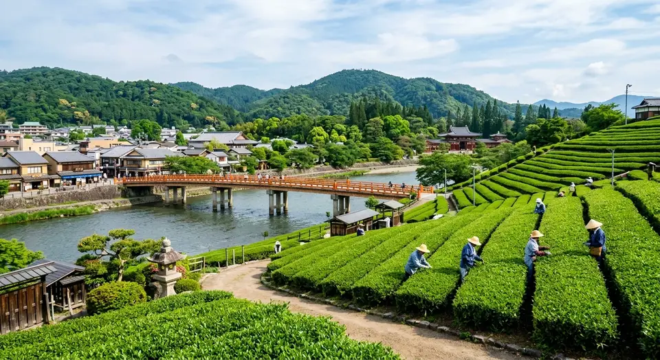 Lush green tea fields in the Uji region of Kyoto