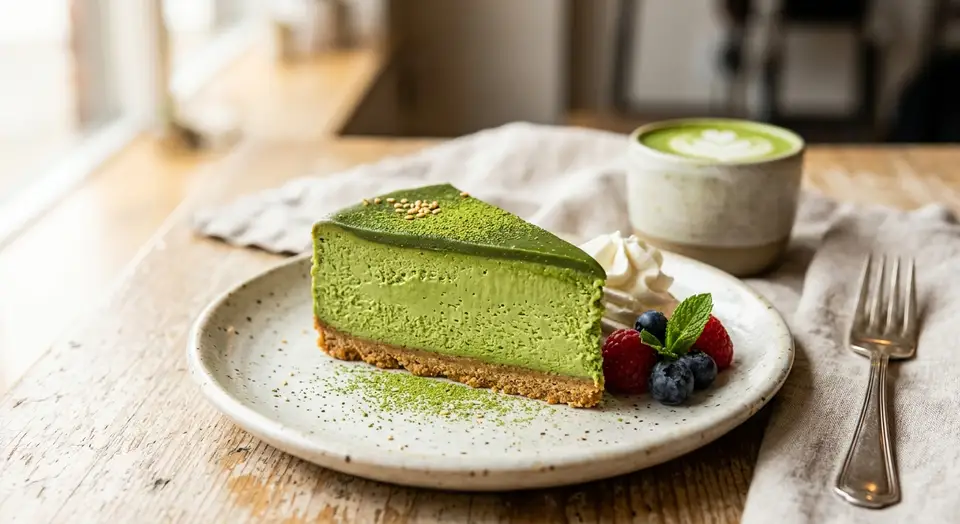 A slice of green matcha cheesecake on a plate