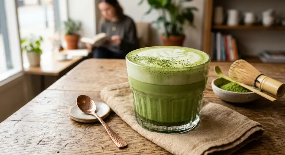 Classic Matcha Latte in a glass with frothy milk
